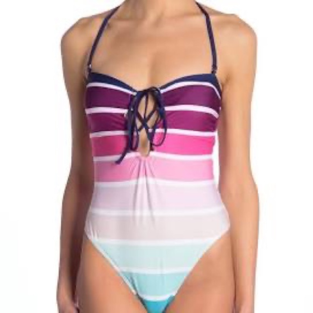 Splendid Multicolor Color Block Striped Lace Up One Piece Swimsuit